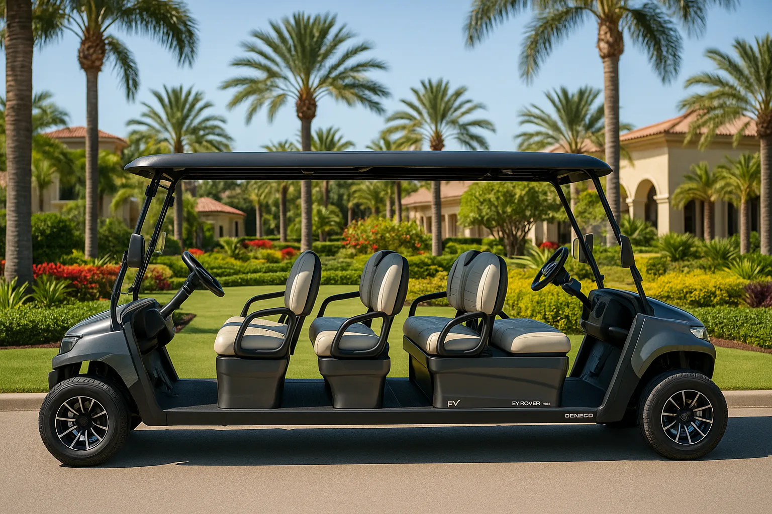 Denago EV Rover XXL six-seat golf cart with all-forward-facing seats on a resort pathway