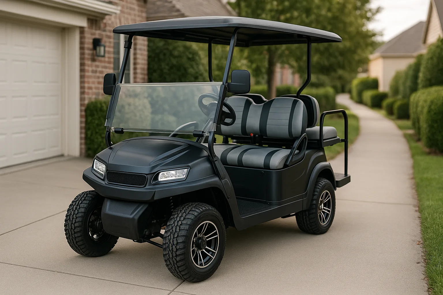 Compact four-seat electric golf cart parked in a residential community driveway