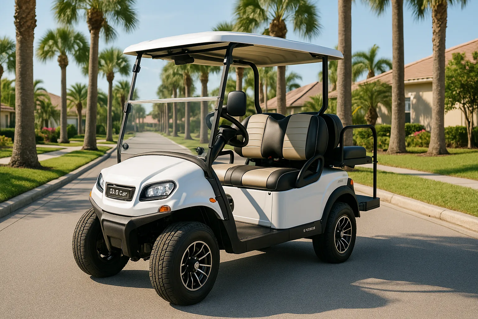 Club Car Onward 4 LSV electric golf cart parked on a sunny residential street