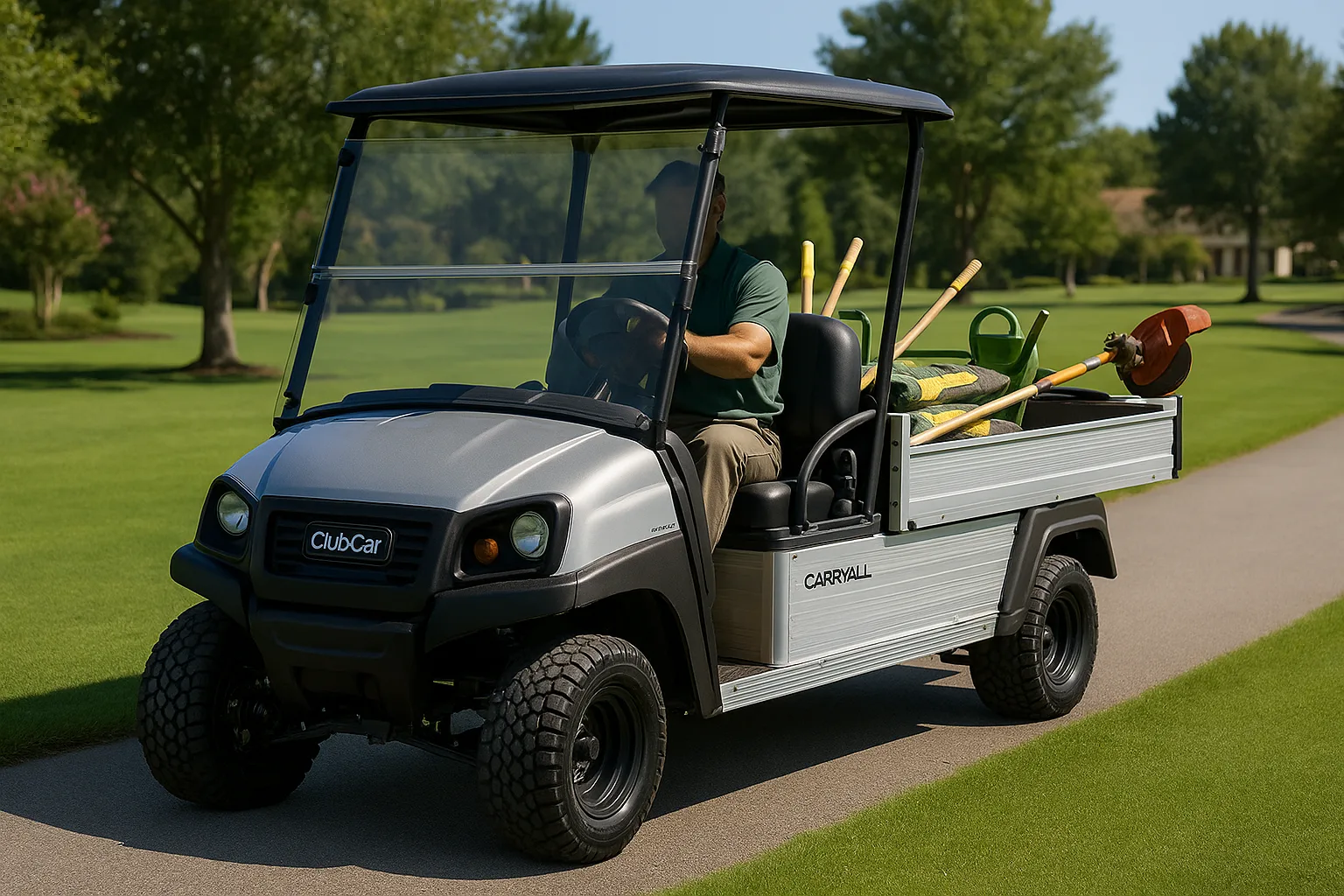 Club Car Carryall utility golf cart loaded with landscaping supplies on a golf course property