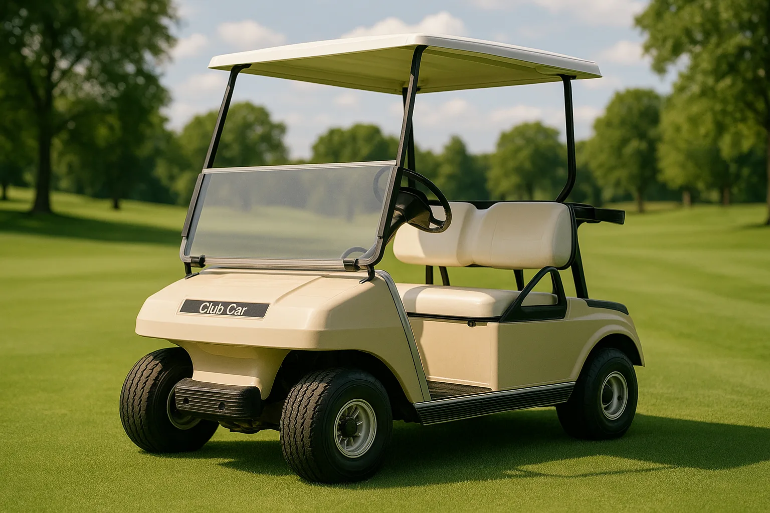 A boxy white Club Car DS golf cart parked on a golf course fairway