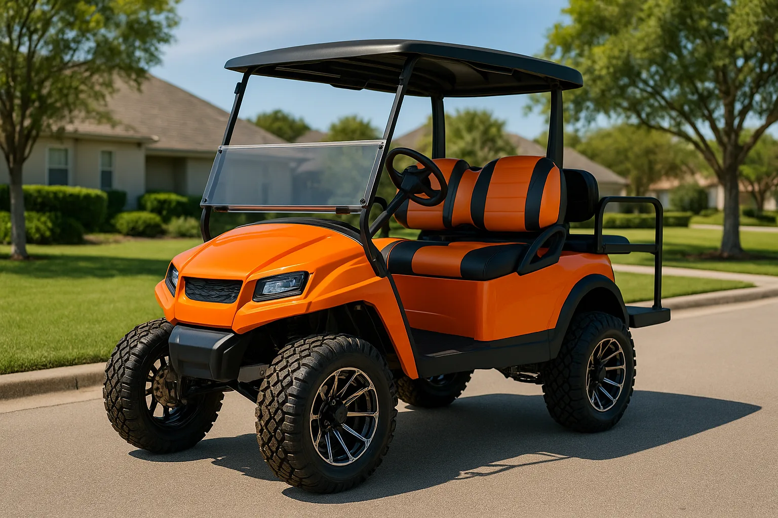 Lifted custom golf cart with aftermarket body kit, custom wheels, and upgraded seats on a residential community path