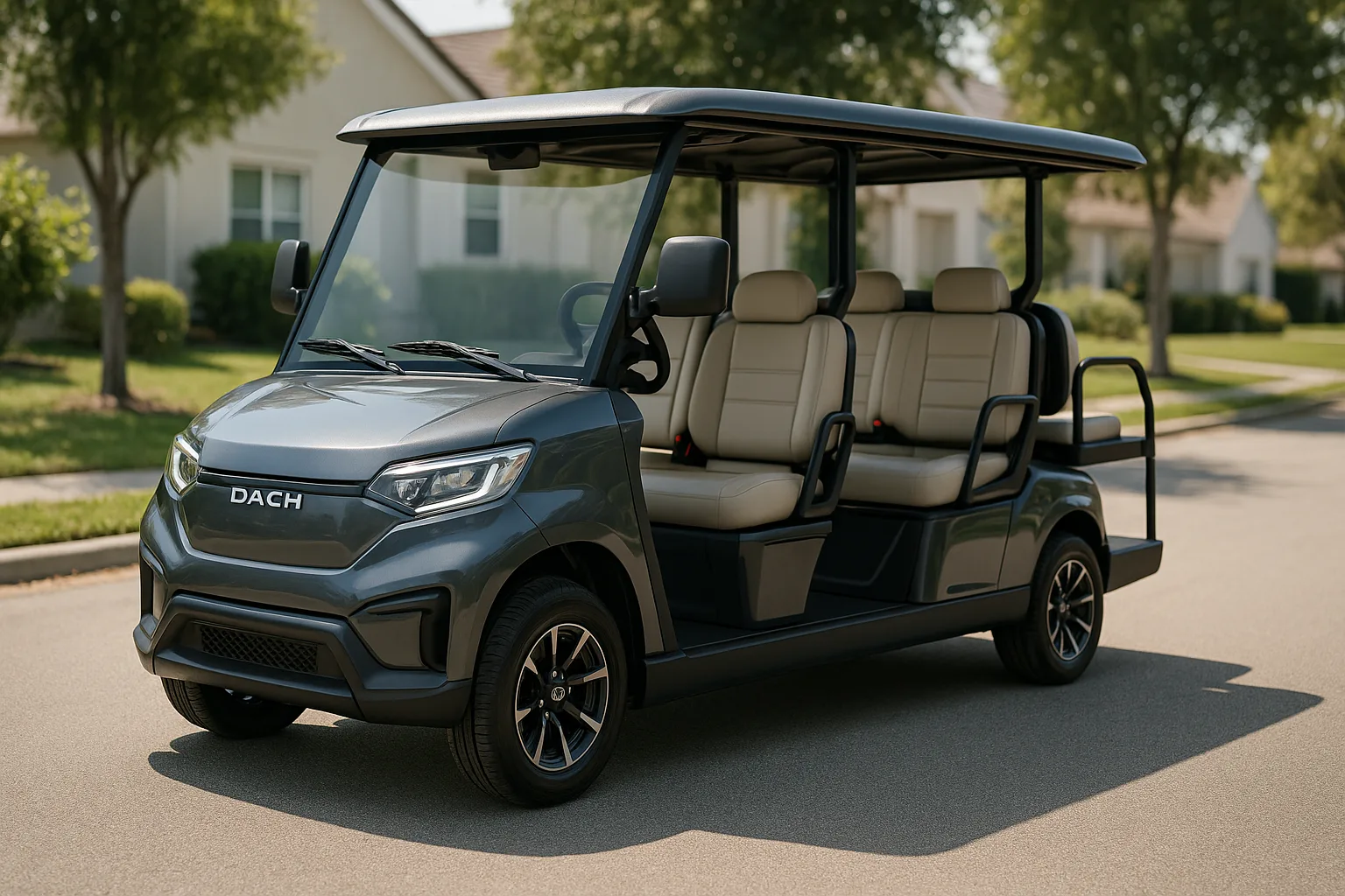 DACH Apollo 4+2 six-passenger electric golf cart parked on a sunny residential street showing its forward-facing seating layout and automotive-style body.