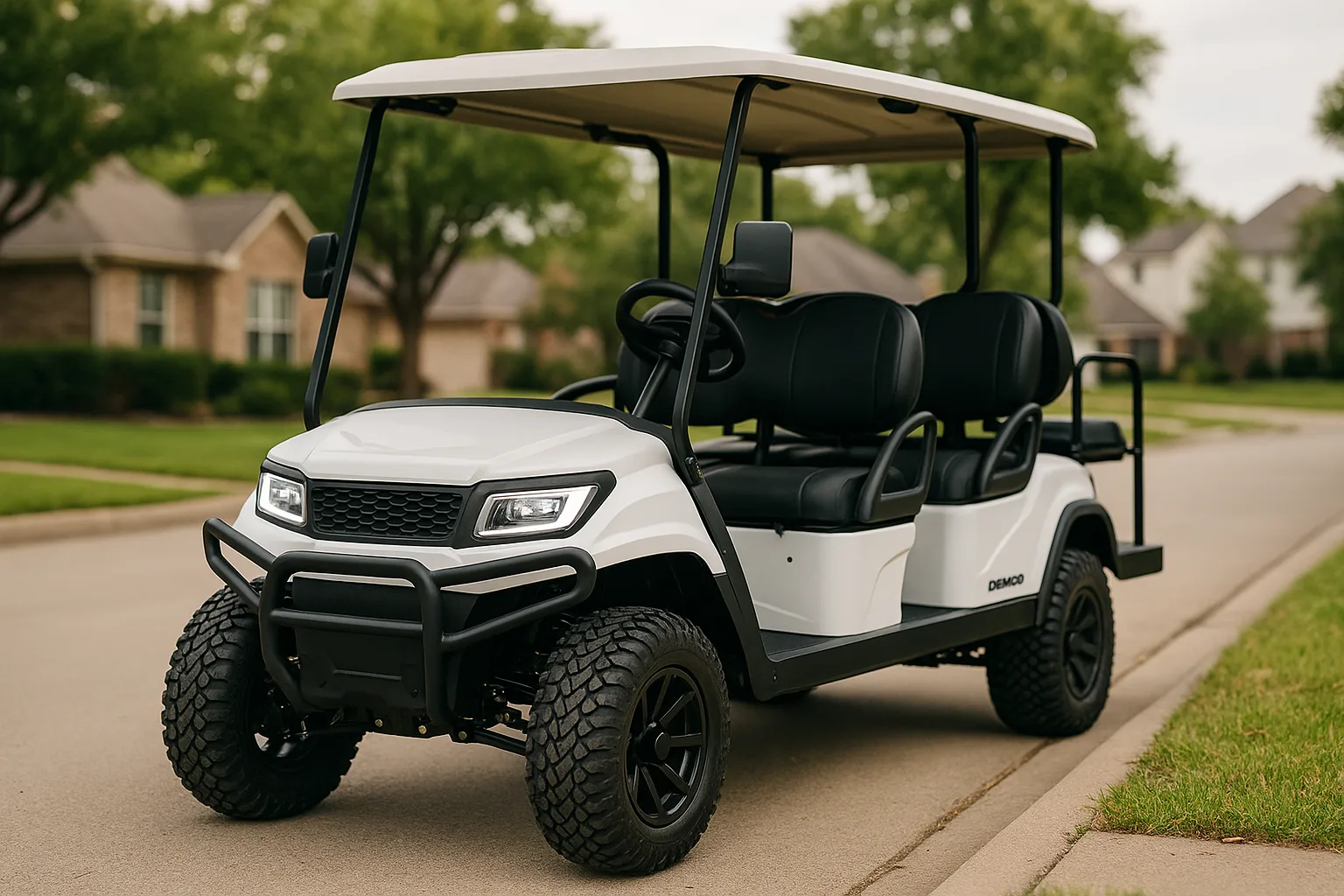 Denago Rover XL four-passenger golf cart parked on a residential street