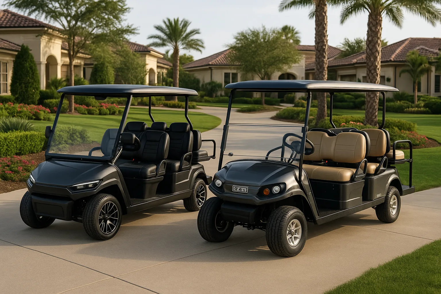 Evolution D-Max XT6 and E-Z-GO Express 6 Summit XTL parked side by side at a residential community