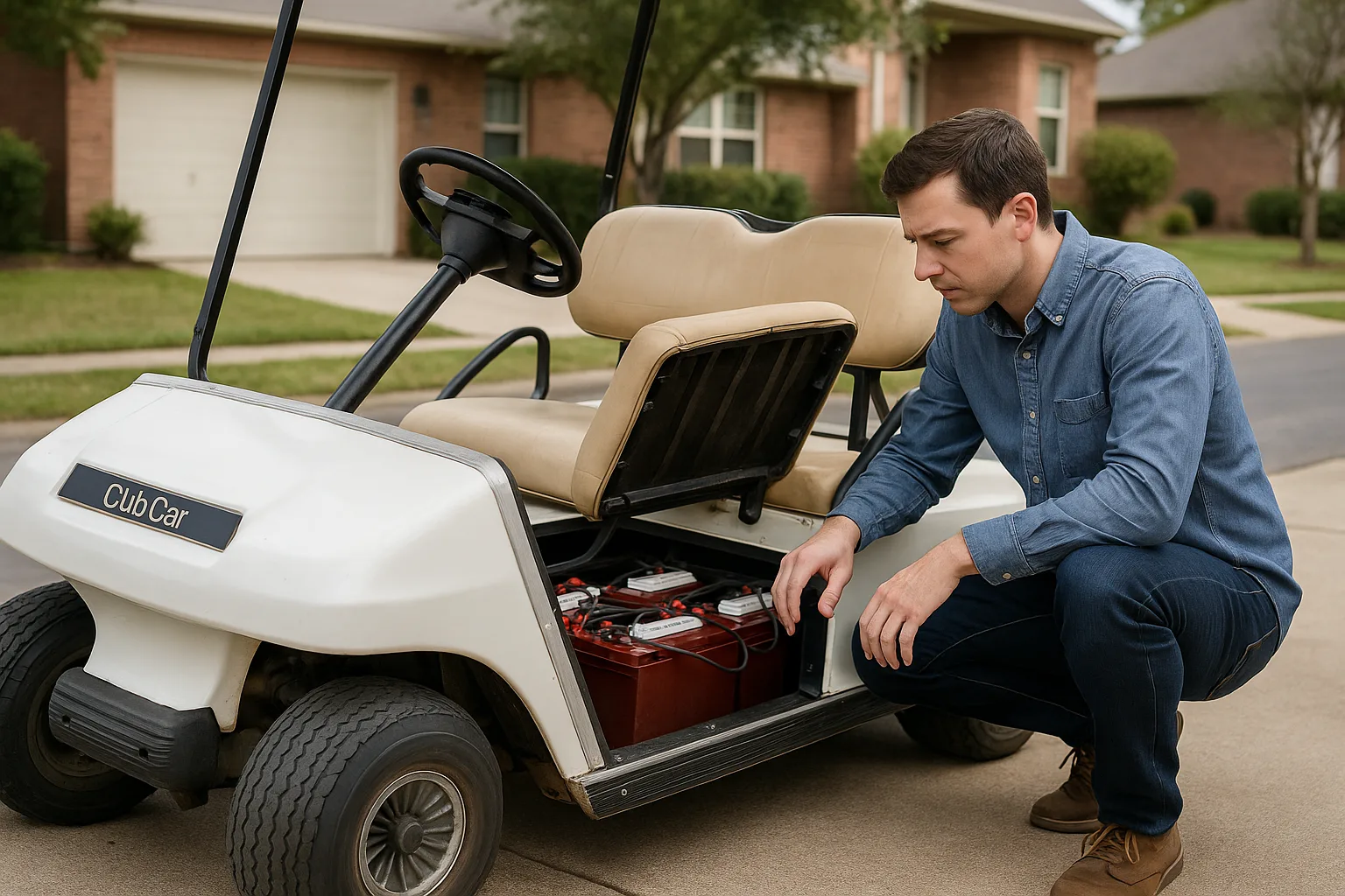 Person inspecting the battery compartment of a used Club Car DS golf cart with the seat flipped up in a driveway