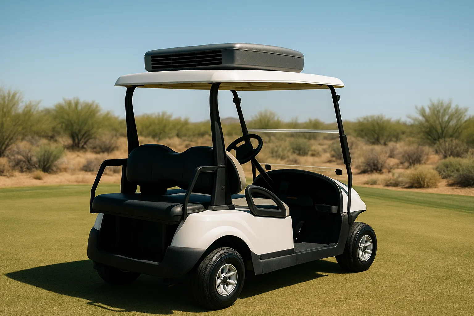 Low-profile evaporative rooftop cooling unit mounted on a white golf cart on a dry desert golf course