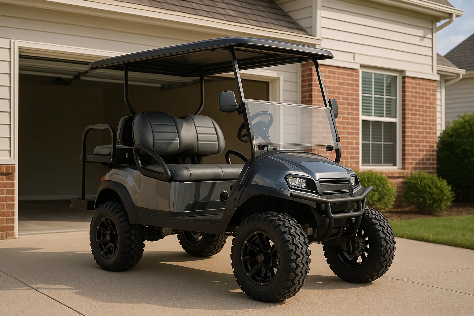 Lifted 4-passenger golf cart positioned at a residential garage door opening, illustrating tight height clearance