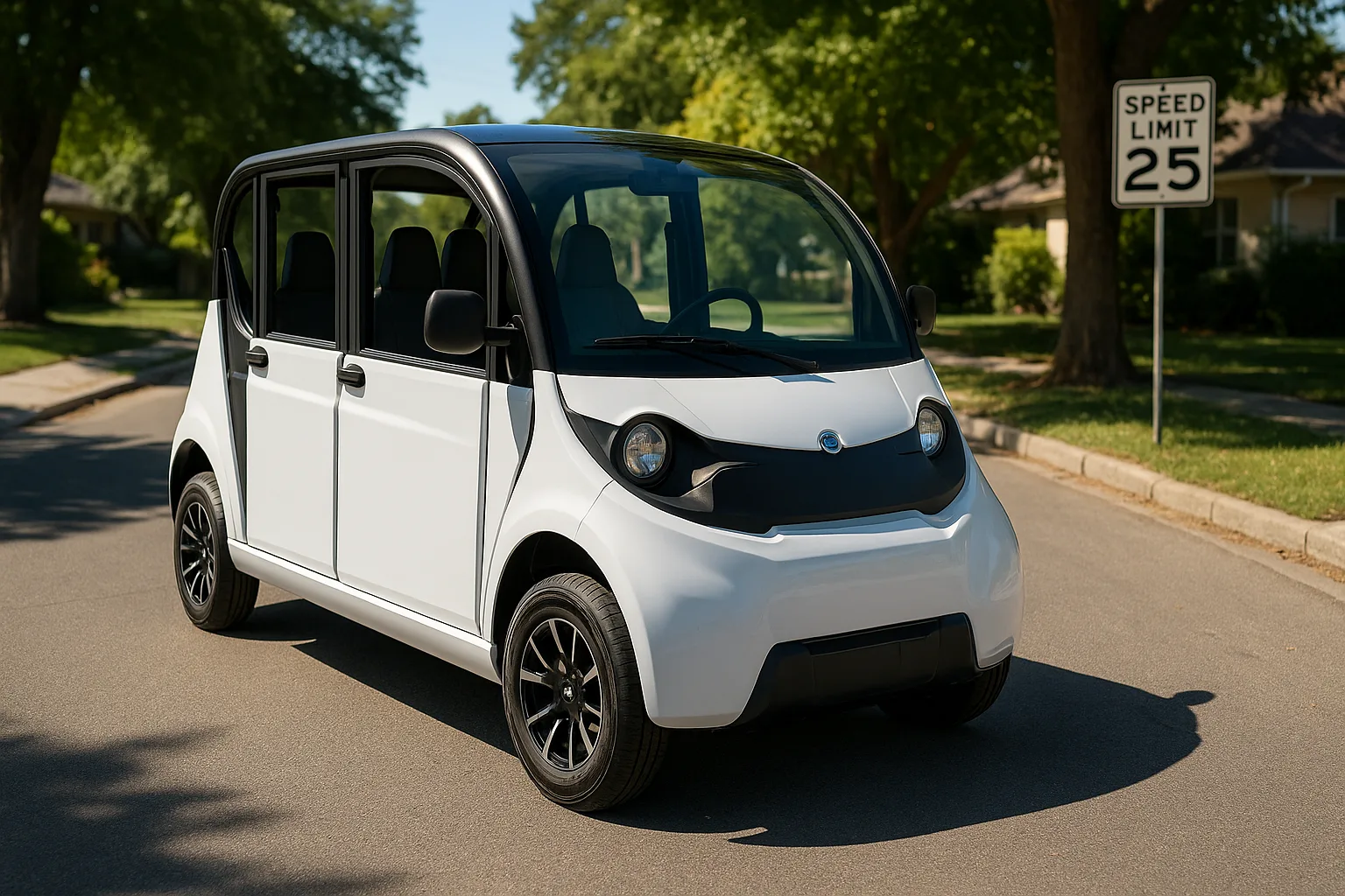 Polaris GEM electric low-speed vehicle on a residential street beside a 25 mph speed limit sign