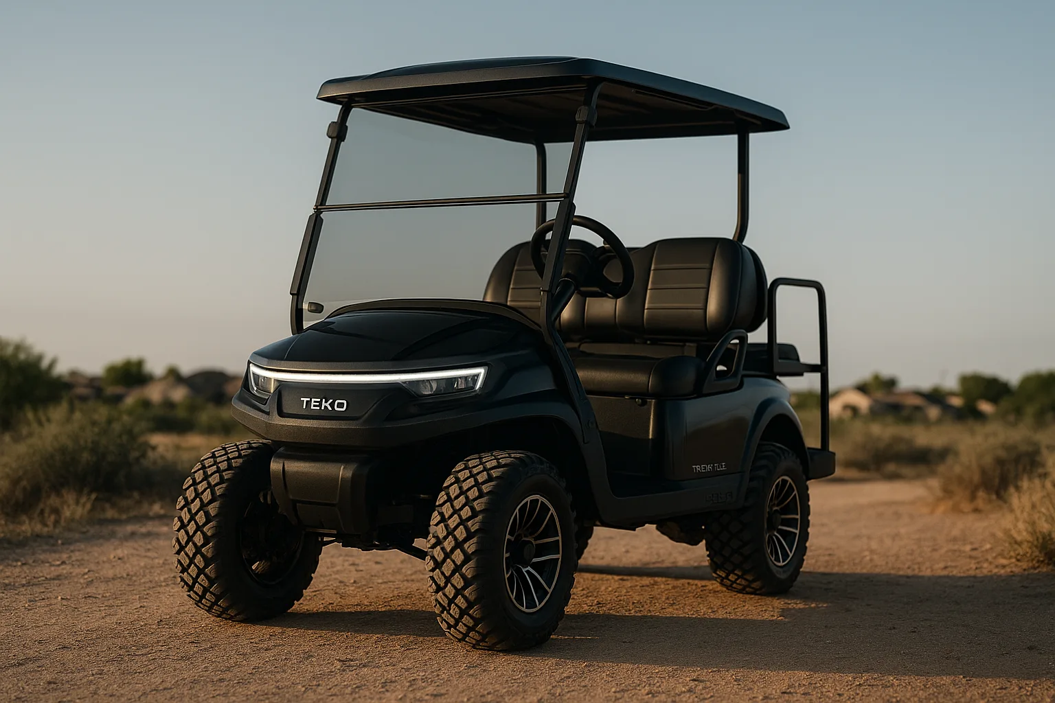 TEKO Trophy Plus golf cart with 23-inch all-terrain tires on a dirt trail